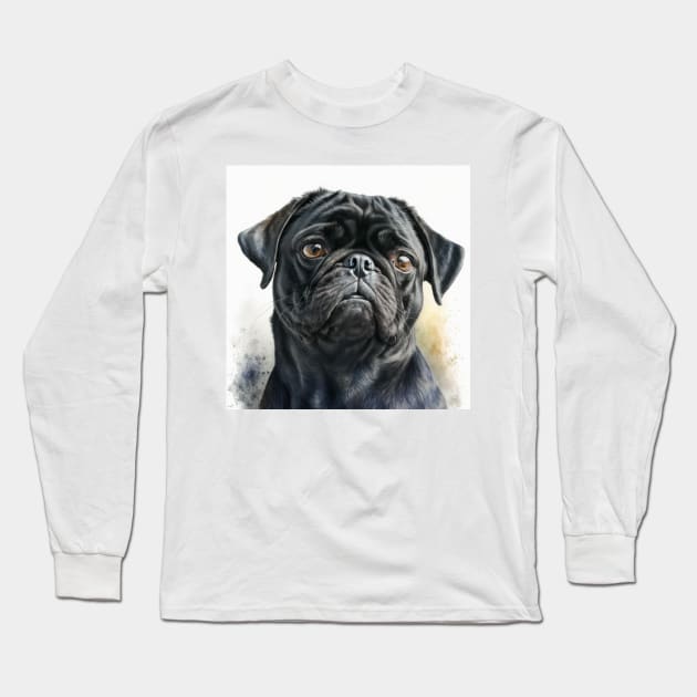 Black Pug Watercolour Style Painting Long Sleeve T-Shirt by TheArtfulAI